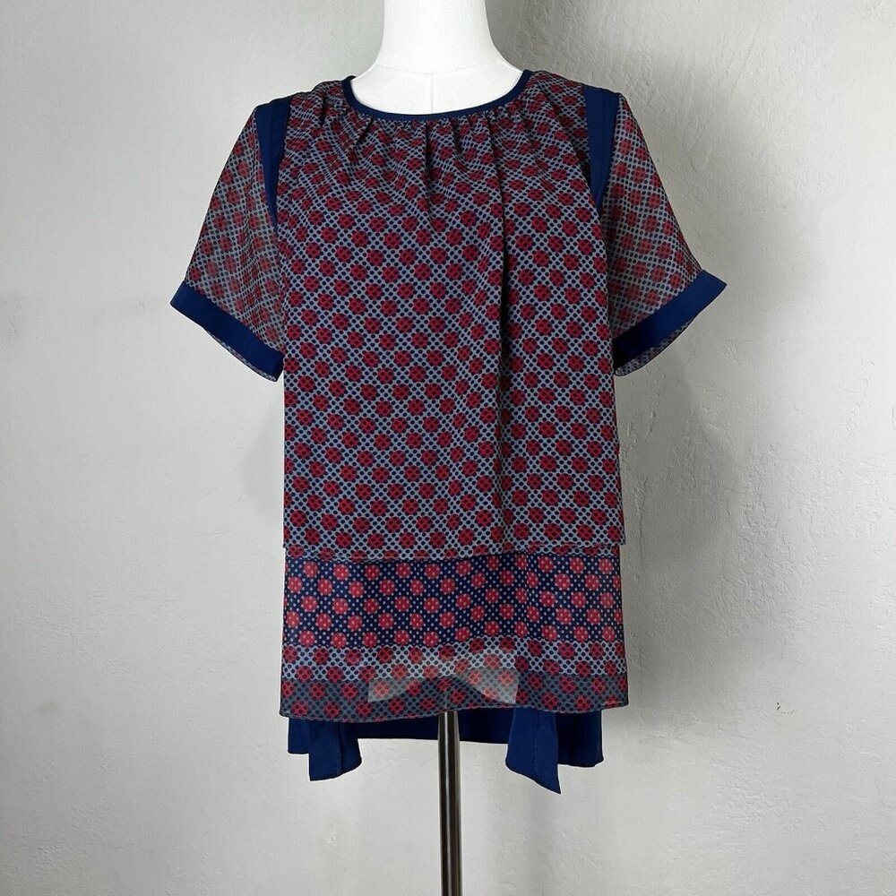 San &‎ Soni Anthropologie Top Blouse Layered Blue Polka Dot Colorblock Size S